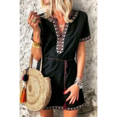 Black Summer Boho Embroidered V Neck Short Sleeve Casual Mini Dress